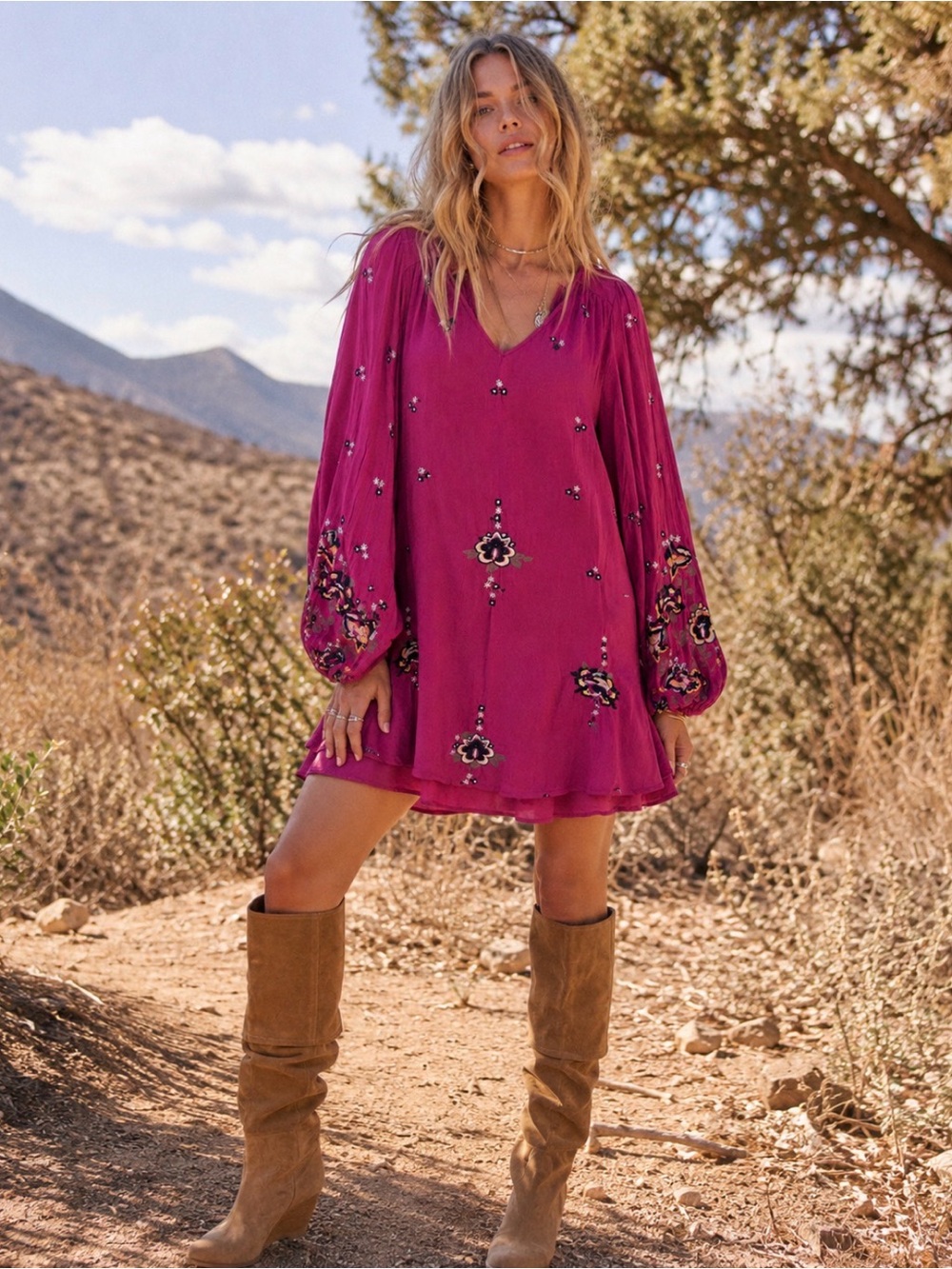 Free People nwt Embroidered Tunic Dress Lilac meadow magenta Floral Sleeve XS